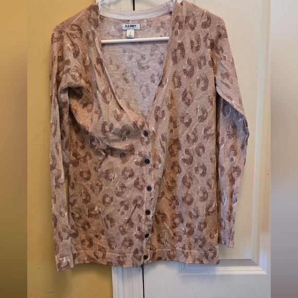Old Navy Sweaters - Old Navy Women Leopard Print Button Cardigan - Brown and Cream With Gold Sparkle